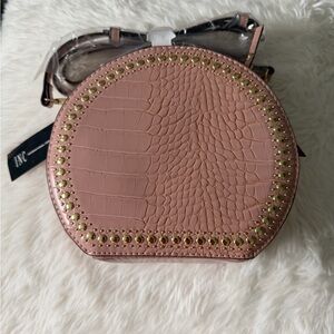 [Brand] Pink Croc-Embossed Round Crossbody with Gold Studs